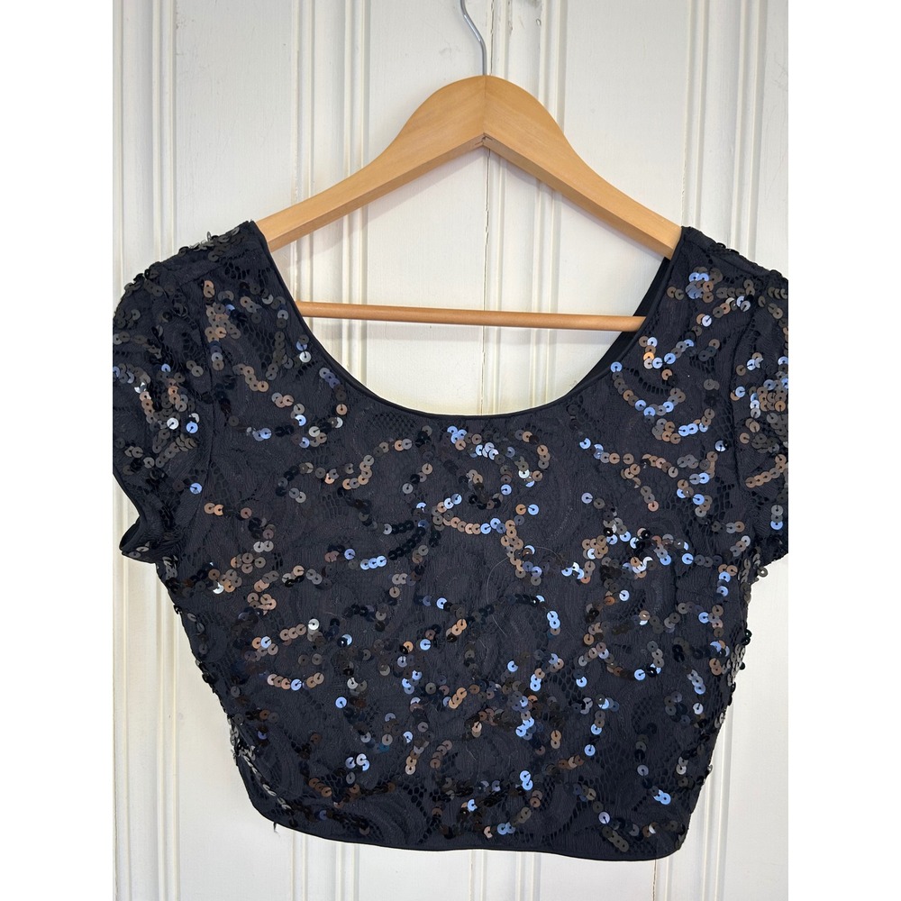 Express Womens S Black Y2K Sequin Crop Top Short Sleeve Party Glam Sparkle Club